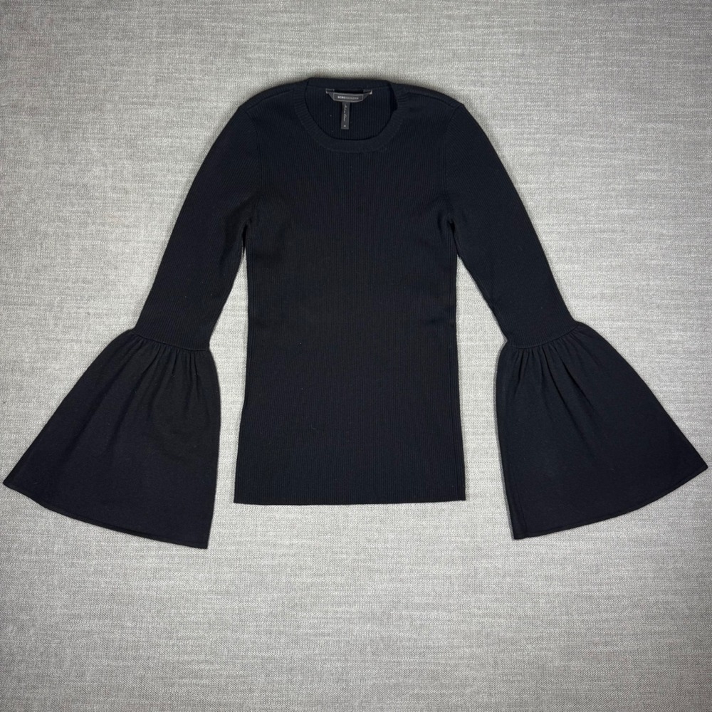 BCBGMAXAZRIA Waverley Black Ribbed Wool Cashmere Bell Sleeve Sweater Medium Chic